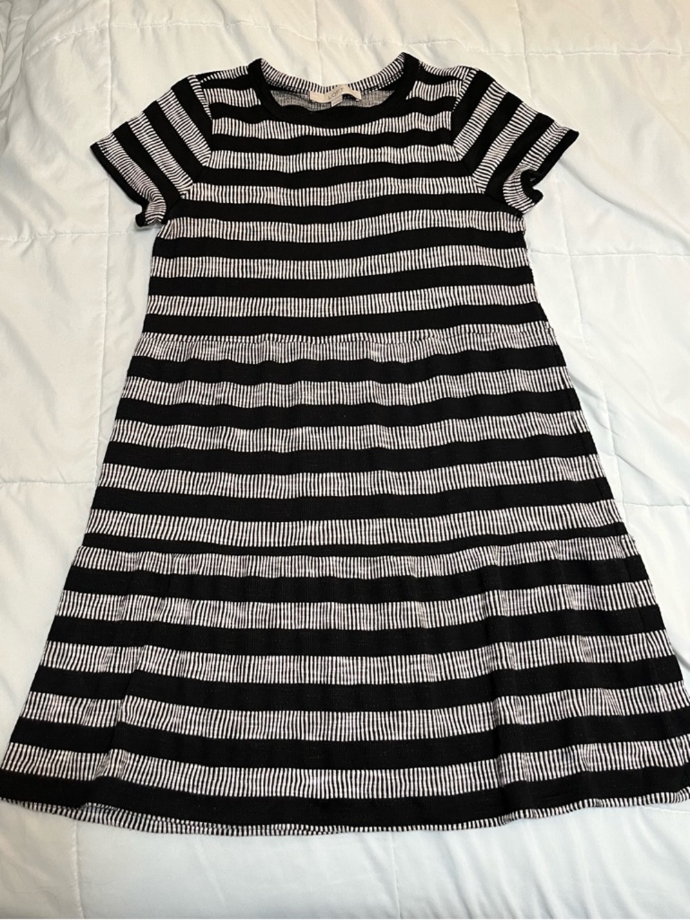 LOFT Black and White Short-Sleeved Striped Knit Dress